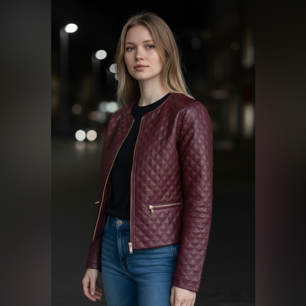 NWT Jason Wu Women's Quilted Faux Leather Zip Front Jacket Wine / Burgundy XS